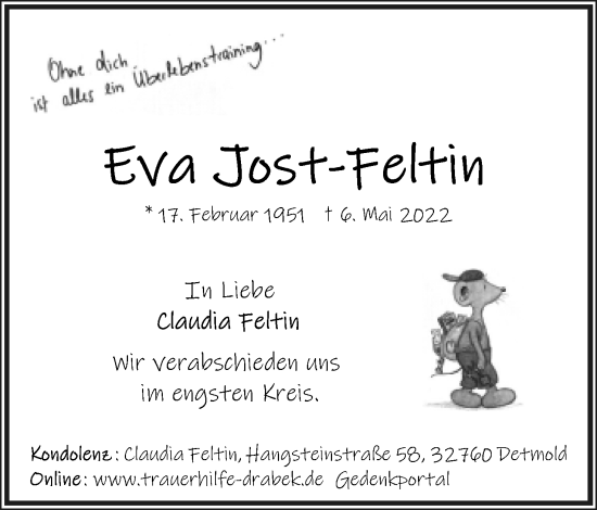 Anzeige  Eva Jost-Feltin  Lippische Landes-Zeitung