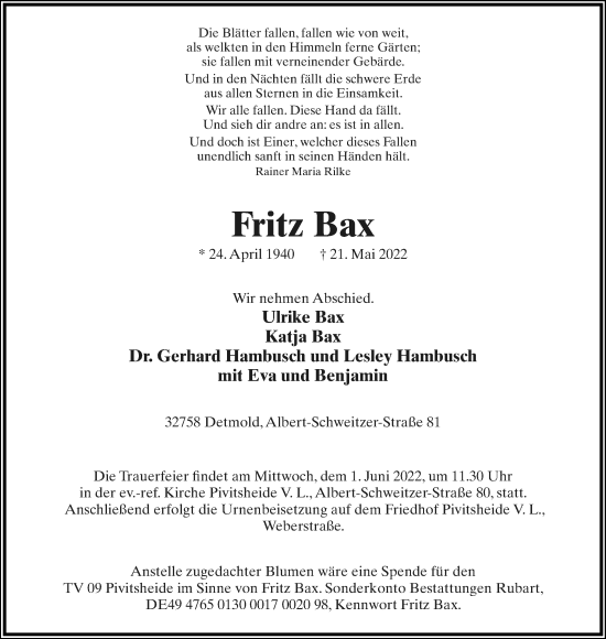 Anzeige  Fritz Bax  Lippische Landes-Zeitung