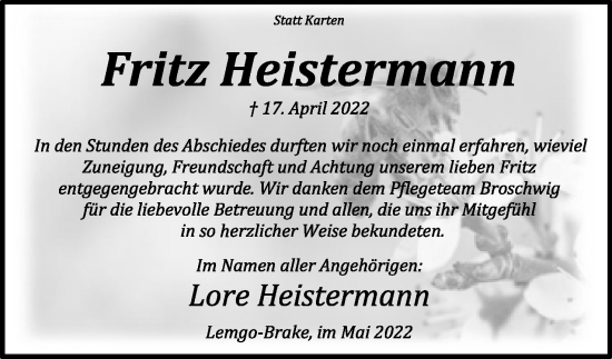 Anzeige  Fritz Heistermann  Lippische Landes-Zeitung