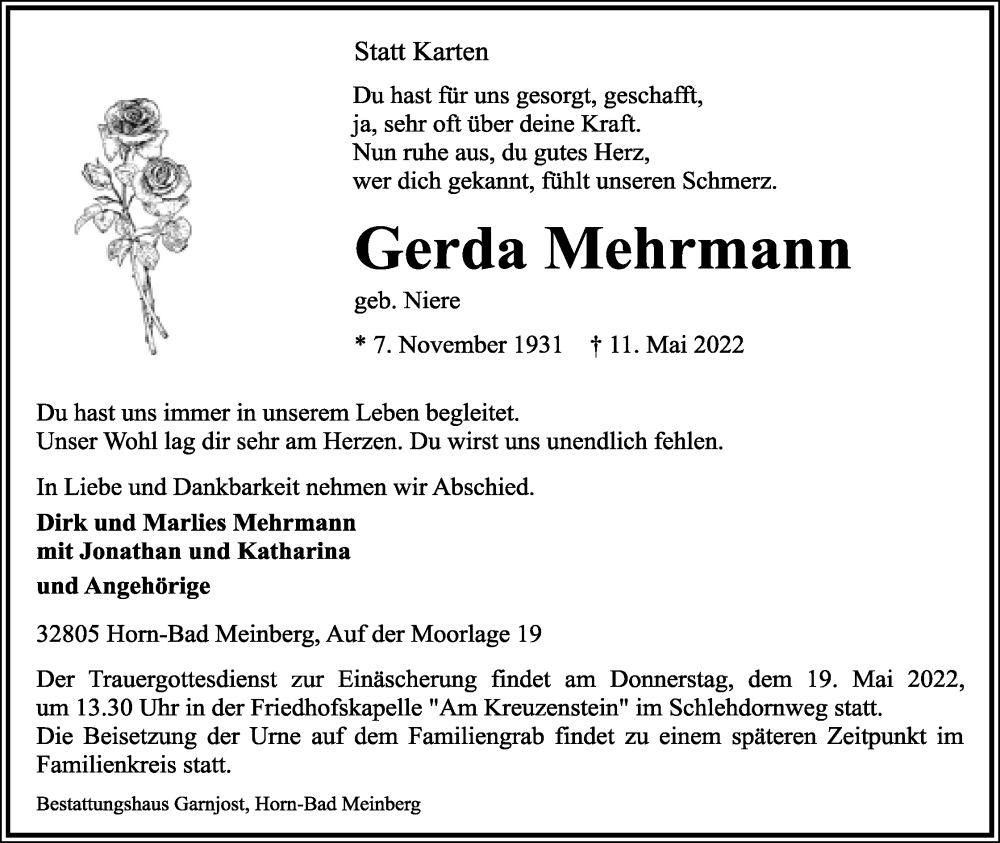  Traueranzeige für Gerda Mehrmann vom 14.05.2022 aus Lippische Landes-Zeitung