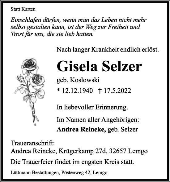 Anzeige  Gisela Selzer  Lippische Landes-Zeitung