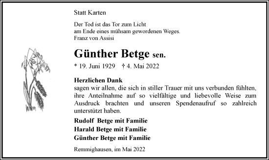 Anzeige  Günther Betge  Lippische Landes-Zeitung