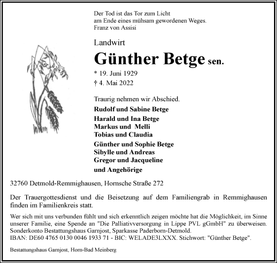 Anzeige  Günther Betge  Lippische Landes-Zeitung