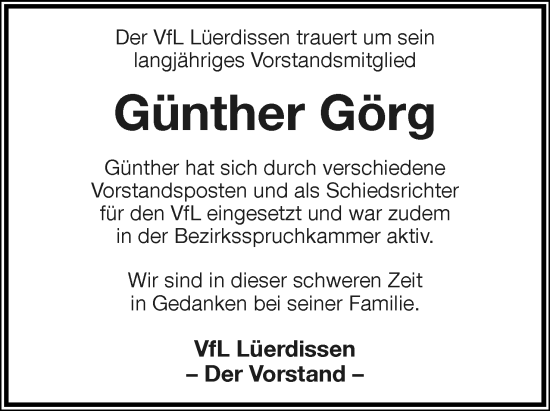 Anzeige  Günther Görg  Lippische Landes-Zeitung