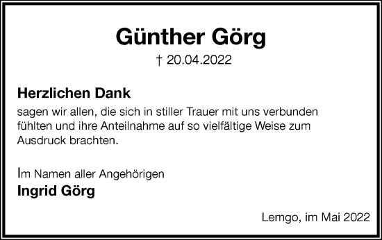 Anzeige  Günther Görg  Lippische Landes-Zeitung