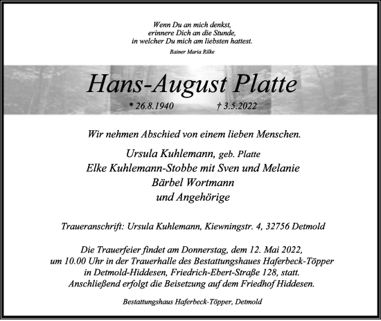 Anzeige  Hans August Platte  Lippische Landes-Zeitung