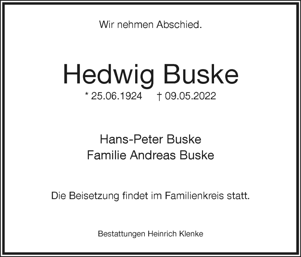  Traueranzeige für Hedwig Buske vom 14.05.2022 aus Lippische Landes-Zeitung