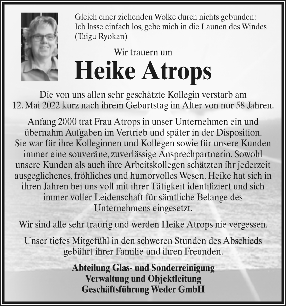  Traueranzeige für Heike Atrops vom 21.05.2022 aus Lippische Landes-Zeitung