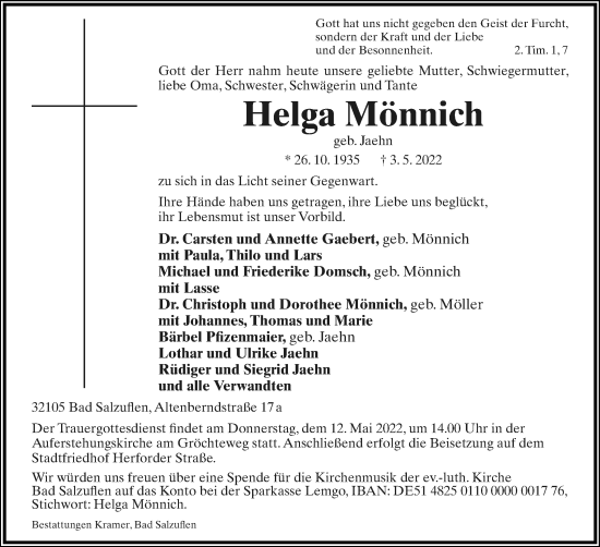 Anzeige  Helga Mönnich  Lippische Landes-Zeitung
