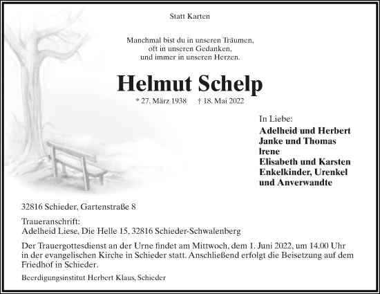Anzeige  Helmut Schelp  Lippische Landes-Zeitung