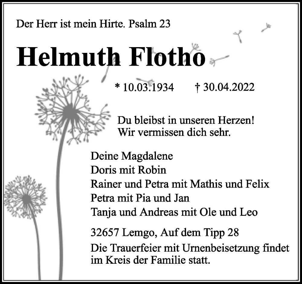  Traueranzeige für Helmuth Flotho vom 07.05.2022 aus Lippische Landes-Zeitung