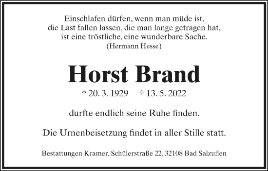 Anzeige  Horst Brand  Lippische Landes-Zeitung