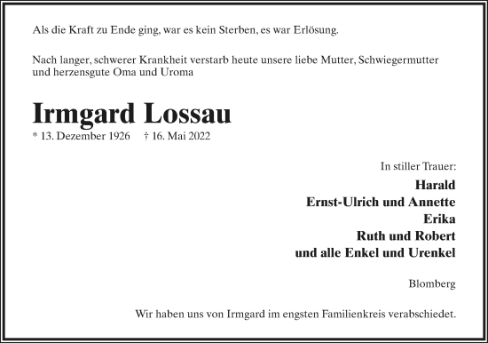 Anzeige  Irmgard Lossau  Lippische Landes-Zeitung
