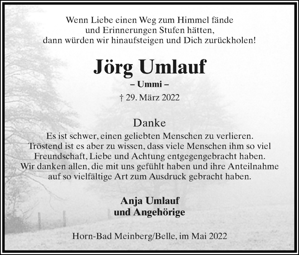  Traueranzeige für Jörg Umlauf vom 07.05.2022 aus Lippische Landes-Zeitung