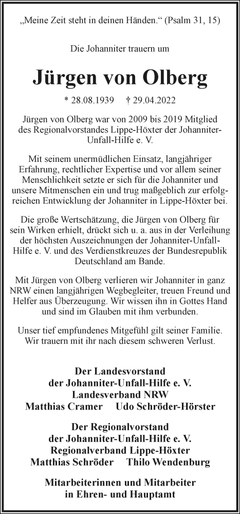  Traueranzeige für Jürgen von Olberg vom 07.05.2022 aus Lippische Landes-Zeitung
