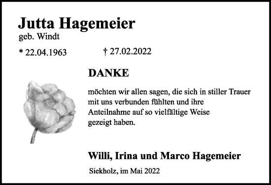 Anzeige  Jutta Hagemeier  Lippische Landes-Zeitung
