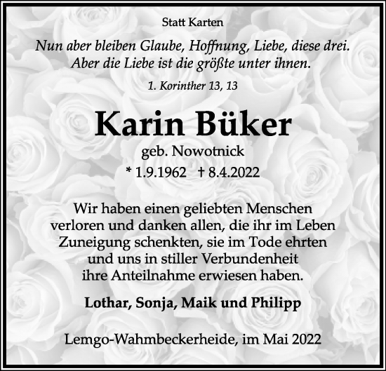 Anzeige  Karin Büker  Lippische Landes-Zeitung