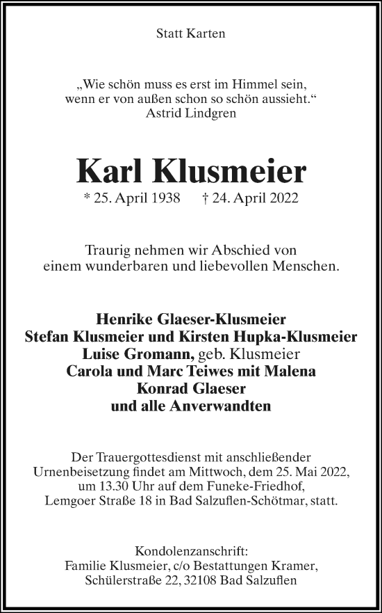 Anzeige  Karl Klusmeier  Lippische Landes-Zeitung