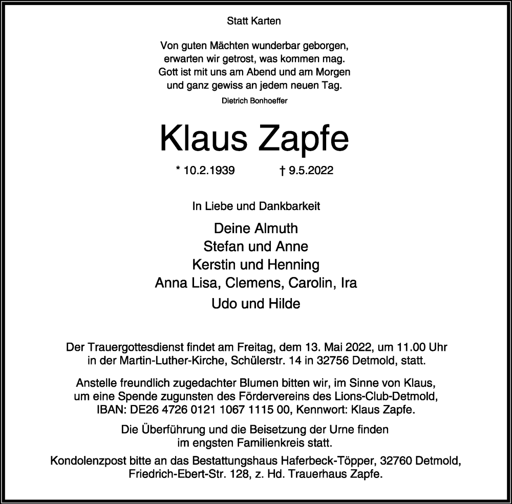  Traueranzeige für Klaus Zapfe vom 11.05.2022 aus Lippische Landes-Zeitung
