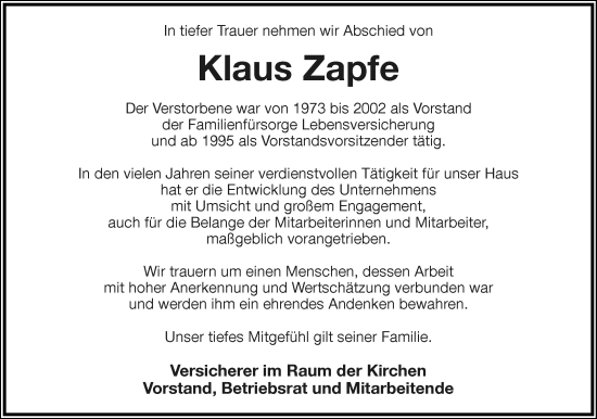 Anzeige  Klaus Zapfe  Lippische Landes-Zeitung