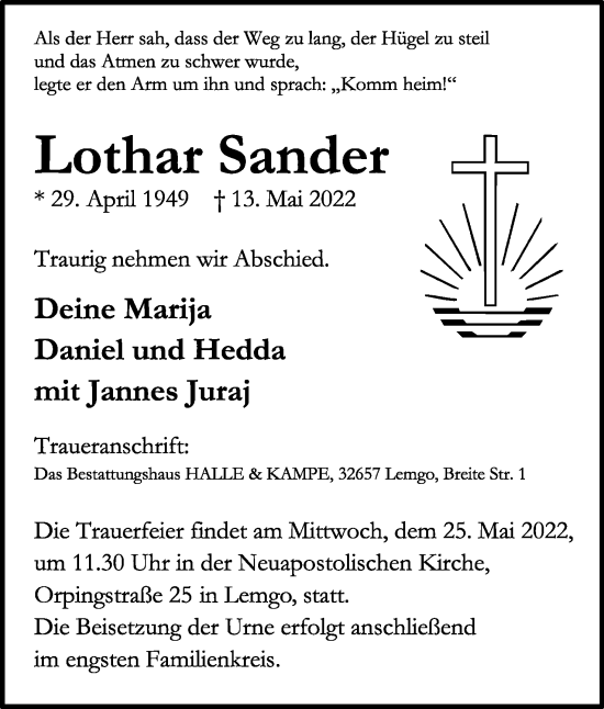 Anzeige  Lothar Sander  Lippische Landes-Zeitung