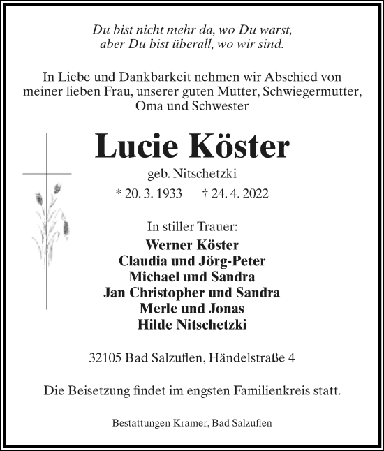 Anzeige  Lucie Köster  Lippische Landes-Zeitung