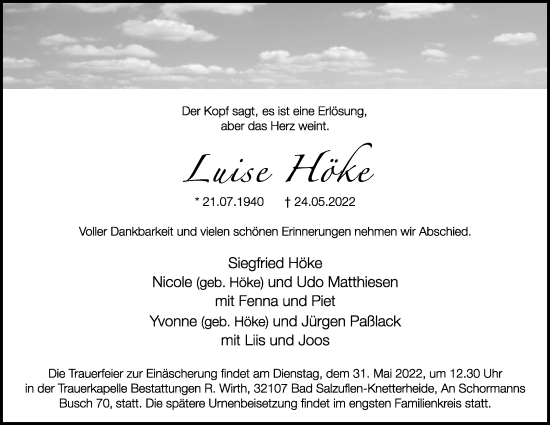 Anzeige  Luise Höke  Lippische Landes-Zeitung