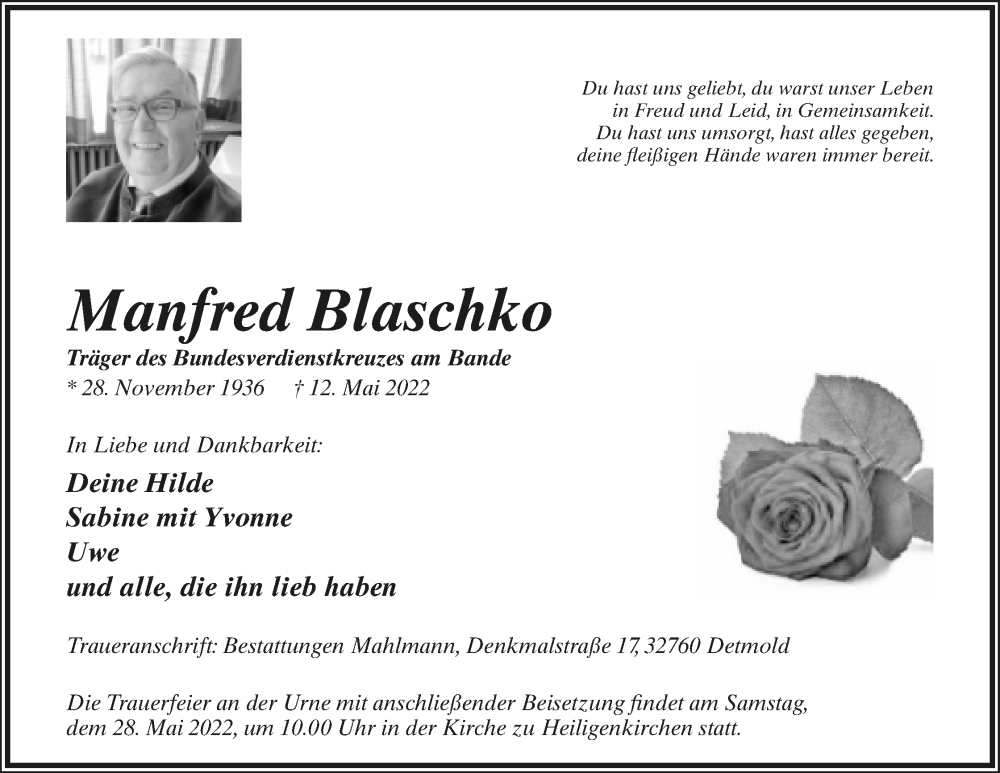  Traueranzeige für Manfred Blaschko vom 14.05.2022 aus Lippische Landes-Zeitung