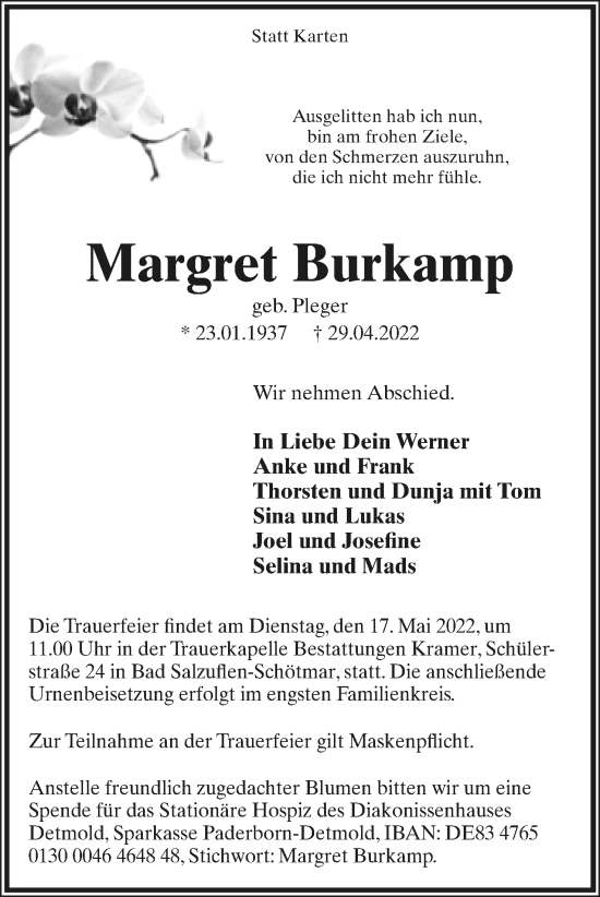 Anzeige  Margret Burkamp  Lippische Landes-Zeitung