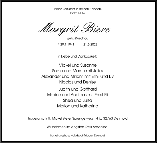 Anzeige  Margrit Biere  Lippische Landes-Zeitung