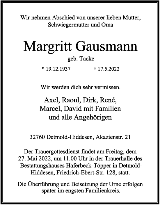 Anzeige  Margritt Gausmann  Lippische Landes-Zeitung