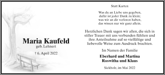 Anzeige  Maria Kaufeld  Lippische Landes-Zeitung