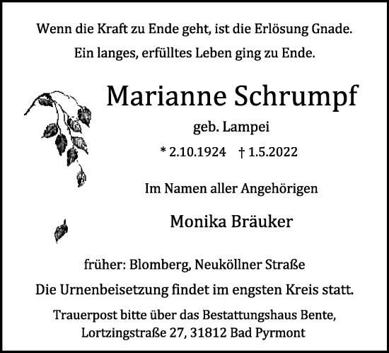 Anzeige  Marianne Schrumpf  Lippische Landes-Zeitung