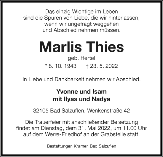 Anzeige  Marlis Thies  Lippische Landes-Zeitung