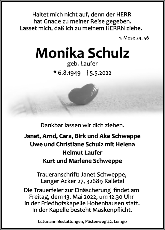 Anzeige  Monika Schulz  Lippische Landes-Zeitung
