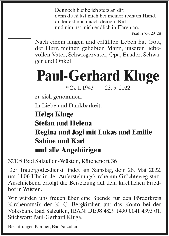  Traueranzeige für Paul-Gerhard Kluge vom 26.05.2022 aus Lippische Landes-Zeitung
