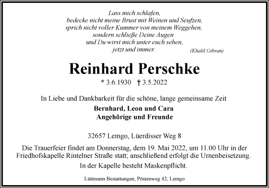 Anzeige  Reinhard Perschke  Lippische Landes-Zeitung