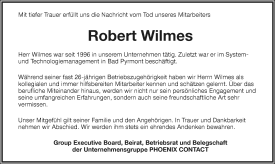 Anzeige  Robert Wilmes  Lippische Landes-Zeitung