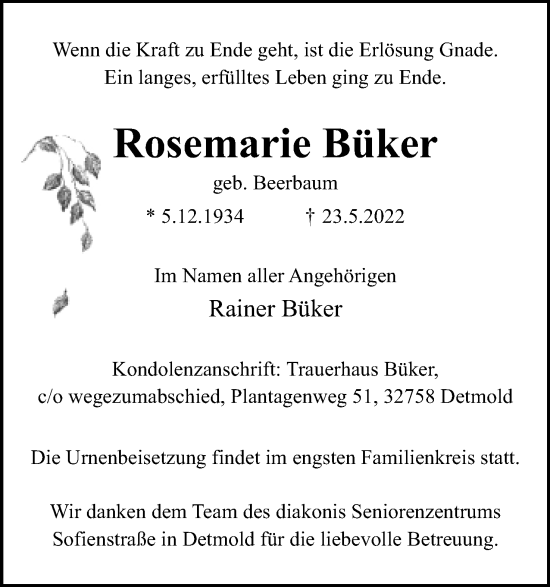 Anzeige  Rosemarie Büker  Lippische Landes-Zeitung
