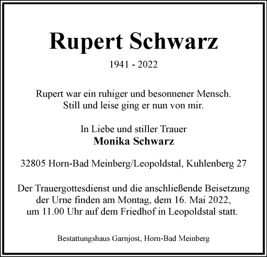 Anzeige  Rupert Schwarz  Lippische Landes-Zeitung