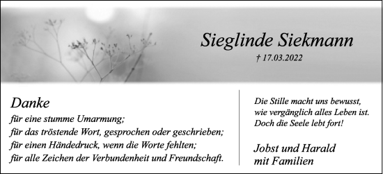 Anzeige  Sieglinde Siekmann  Lippische Landes-Zeitung