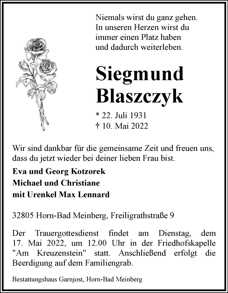  Traueranzeige für Siegmund Blaszczyk vom 14.05.2022 aus Lippische Landes-Zeitung