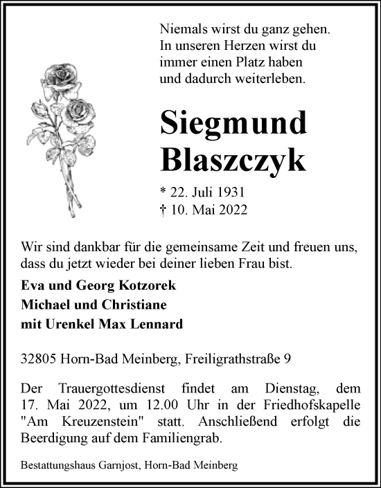 Anzeige  Siegmund Blaszczyk  Lippische Landes-Zeitung