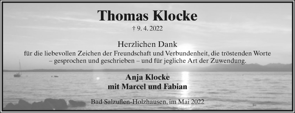  Traueranzeige für Thomas Klocke vom 21.05.2022 aus Lippische Landes-Zeitung
