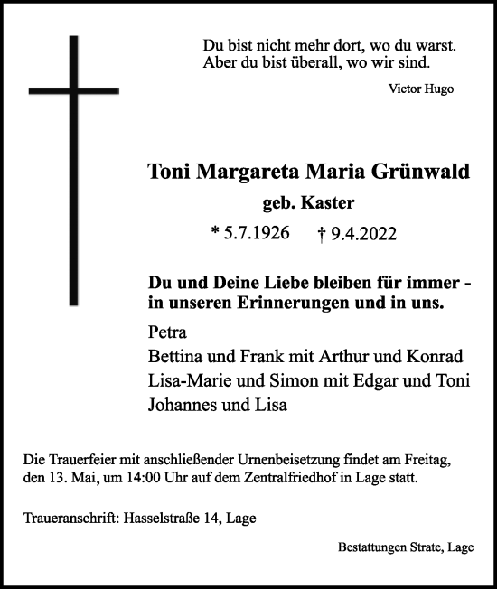 Anzeige  Toni Margareta Maria Grünwald  Lippische Landes-Zeitung