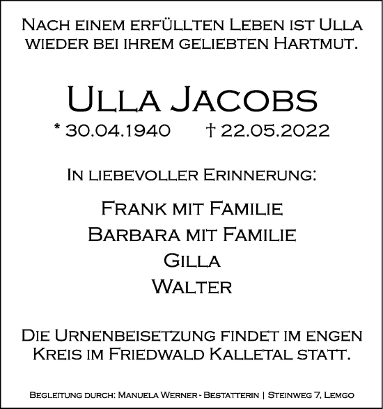 Anzeige  Ulla Jacobs  Lippische Landes-Zeitung