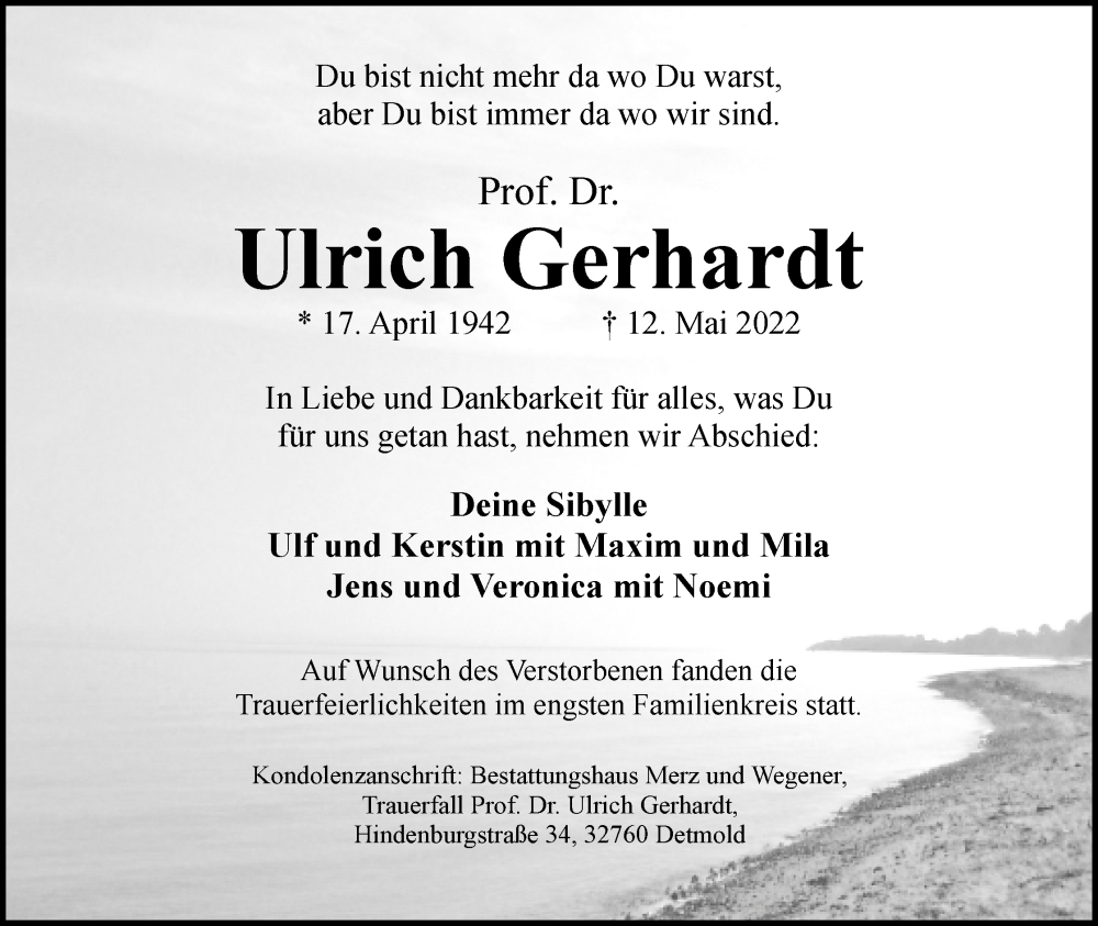  Traueranzeige für Ulrich Gerhardt vom 28.05.2022 aus Lippische Landes-Zeitung