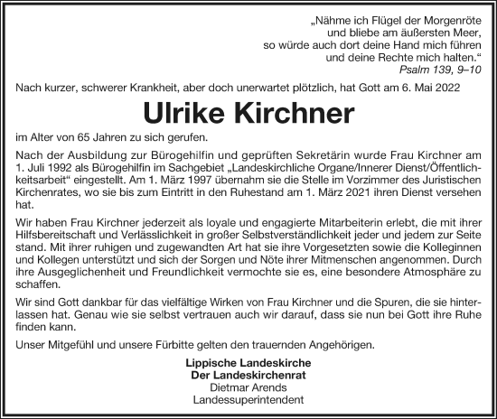Anzeige  Ulrike Kirchner  Lippische Landes-Zeitung