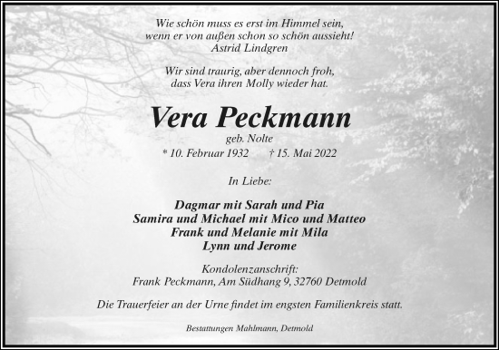 Anzeige  Vera Peckmann  Lippische Landes-Zeitung