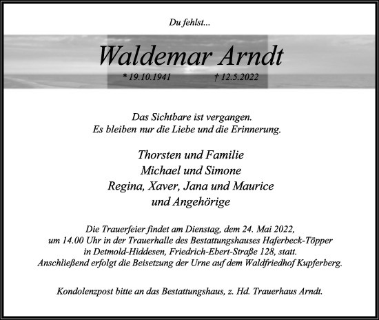 Anzeige  Waldemar Arndt  Lippische Landes-Zeitung